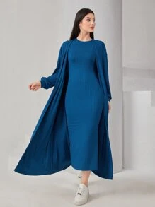 Mulvari Solid Lantern Sleeve Coat & Ribbed Knit Dress - Dusty Blue - View 1