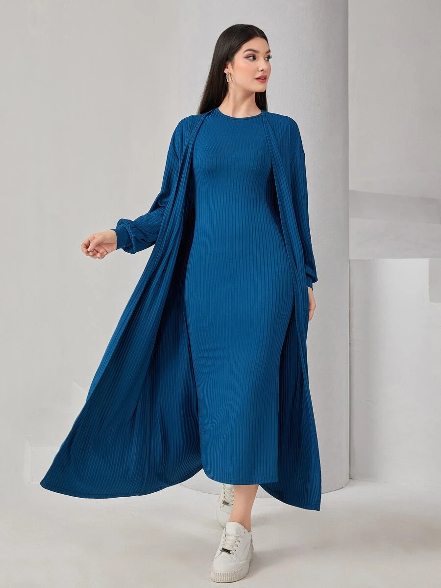 Mulvari Solid Lantern Sleeve Coat & Ribbed Knit Dress - Dusty Blue - View 1