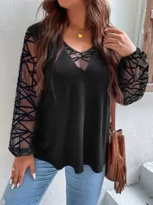 Calvaya Plus Size See-Through Striped Women's Top - Black - View 3