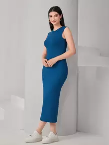 Mulvari Solid Lantern Sleeve Coat & Ribbed Knit Dress - Dusty Blue - View 3