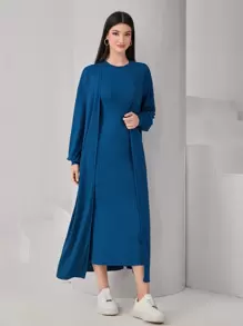 Mulvari Solid Lantern Sleeve Coat & Ribbed Knit Dress - Dusty Blue - View 4
