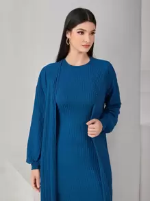 Mulvari Solid Lantern Sleeve Coat & Ribbed Knit Dress - Dusty Blue - View 5