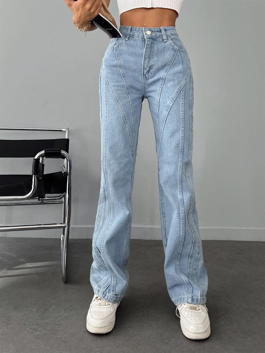RueChic High Waist Seam Detail Straight Leg Jeans - Blue - View 1