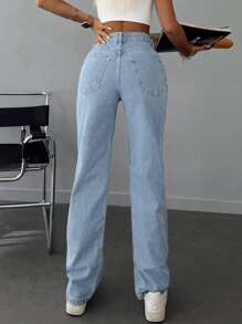 RueChic High Waist Seam Detail Straight Leg Jeans - Blue - View 2