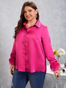 SHEIN Clasi Camisa de peluche puño de satén - Rosa Fucsia - Ver 4