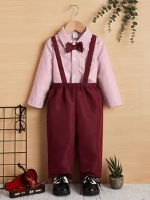 SHEIN Baby Striped Bow Front Shirt & Overalls - Burgundy - View 1