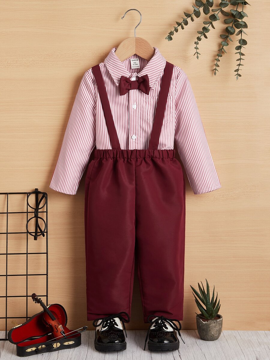 SHEIN Baby Striped Bow Front Shirt & Overalls - Burgundy - View 1