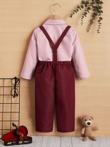 SHEIN Baby Striped Bow Front Shirt & Overalls - Burgundy - View 2