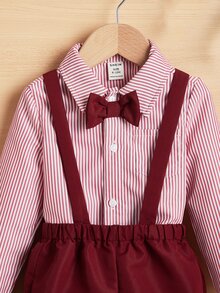 SHEIN Baby Striped Bow Front Shirt & Overalls - Burgundy - View 3