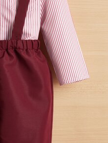 SHEIN Baby Striped Bow Front Shirt & Overalls - Burgundy - View 4