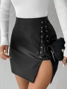 EURMUSE 金屬氣眼繫帶PU皮革半身裙 - 黑色 - 查看 1