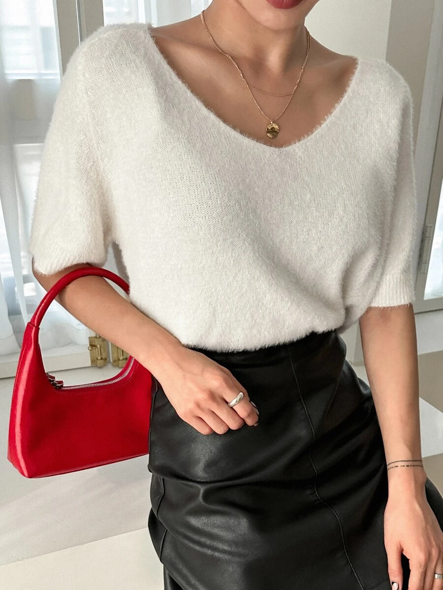 DAZY Solid V Neck Fuzzy Knit Top - Beige - View 1