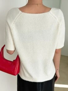 DAZY Solid V Neck Fuzzy Knit Top - Beige - View 2