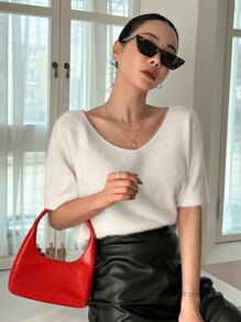 DAZY Solid V Neck Fuzzy Knit Top - Beige - View 3