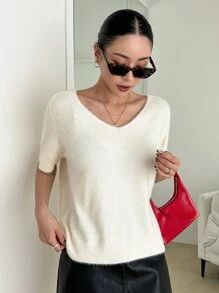 DAZY Solid V Neck Fuzzy Knit Top - Beige - View 4