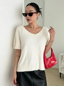 DAZY Solid V Neck Fuzzy Knit Top - Beige - View 5