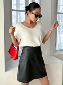 DAZY Solid V Neck Fuzzy Knit Top - Beige - View 6