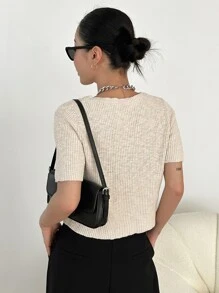 DAZY 素色條紋針織上衣 - 杏色 - 查看 2