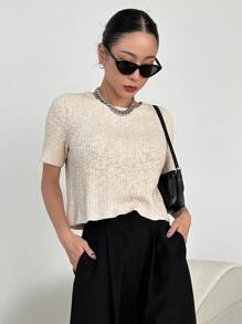 DAZY 素色條紋針織上衣 - 杏色 - 查看 4