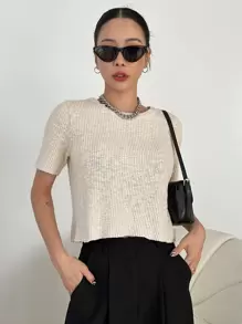 DAZY 素色條紋針織上衣 - 杏色 - 查看 1