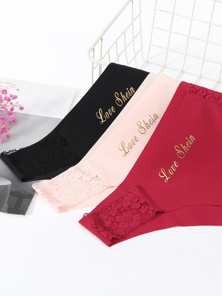 3pack Letter Graphic Contrast Lace Panty Set - Multicolor - View 1
