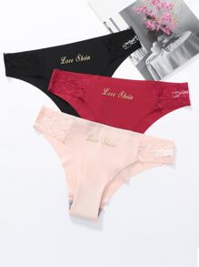3pack Letter Graphic Contrast Lace Panty Set - Multicolor - View 3