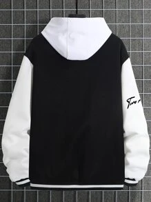 Manfinity Homme Men Letter Graphic Striped Trim Drop Shoulder Varsity Jacket Without Hoodie, Long Sleeve, Going Out, Academia, Boyfriend Gift, Color Block, Baseball Jacket,Fall, Grunge - Black - View 2