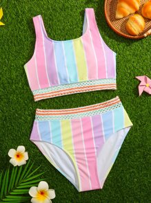 Teen Girls Block Striped Bikini Set Summer Beach - Multicolor - View 1