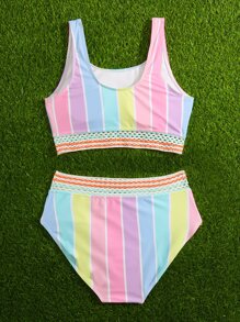 Teen Girls Block Striped Bikini Set Summer Beach - Multicolor - View 2