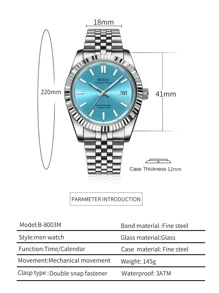 Men Water Resistant Date Mechanical Watch - Blue - View 3