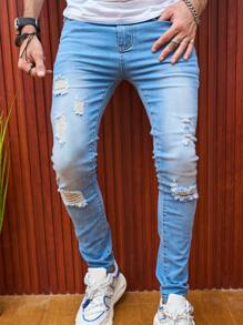 Manfinity Homme Quần Jeans Nam Skinny Jeans Skinny Jeans Cargo Xanh Nhạt Rách Cotton Trơn Ôm Vừa Vặn Dài Cho Nam, Quà Tặng Cho Chồng, Bạn Trai - Rửa nhẹ - Xem 1