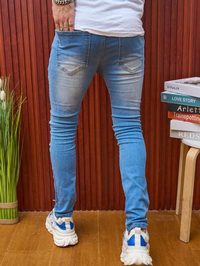 Hommes Jeans slim en coton déchiré effiloché, jeans cargo bleu clair déchirés longs ajustés. Cadeau pour le mari ou le petit ami