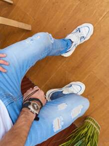 Manfinity Homme Quần Jeans Nam Skinny Jeans Skinny Jeans Cargo Xanh Nhạt Rách Cotton Trơn Ôm Vừa Vặn Dài Cho Nam, Quà Tặng Cho Chồng, Bạn Trai - Rửa nhẹ - Xem 3