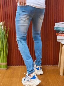 Manfinity Homme Quần Jeans Nam Skinny Jeans Skinny Jeans Cargo Xanh Nhạt Rách Cotton Trơn Ôm Vừa Vặn Dài Cho Nam, Quà Tặng Cho Chồng, Bạn Trai - Rửa nhẹ - Xem 4