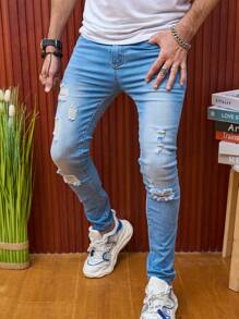 Manfinity Homme Quần Jeans Nam Skinny Jeans Skinny Jeans Cargo Xanh Nhạt Rách Cotton Trơn Ôm Vừa Vặn Dài Cho Nam, Quà Tặng Cho Chồng, Bạn Trai - Rửa nhẹ - Xem 5