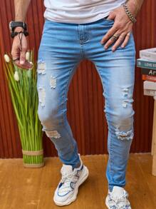 Manfinity Homme Quần Jeans Nam Skinny Jeans Skinny Jeans Cargo Xanh Nhạt Rách Cotton Trơn Ôm Vừa Vặn Dài Cho Nam, Quà Tặng Cho Chồng, Bạn Trai - Rửa nhẹ - Xem 6