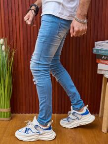 Manfinity Homme Quần Jeans Nam Skinny Jeans Skinny Jeans Cargo Xanh Nhạt Rách Cotton Trơn Ôm Vừa Vặn Dài Cho Nam, Quà Tặng Cho Chồng, Bạn Trai - Rửa nhẹ - Xem 7