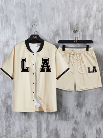Camiseta De Beisbol Para Hombres Con Cuello En V Gráfico De Letras Y Pantalones Cortos Con Cintura Ajustable Sin Camiseta