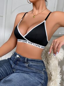 Contrast Binding Letter Tape Panel Bralet - Black - View 2