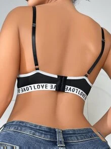 Contrast Binding Letter Tape Panel Bralet - Black - View 3