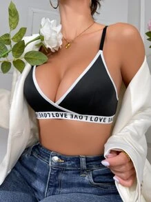 Contrast Binding Letter Tape Panel Bralet - Black - View 5