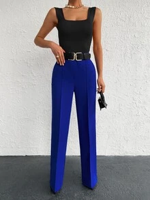 EURMUSE Solid Slant Pocket Suit Trousers Without Belt - Royal Blue - View 4