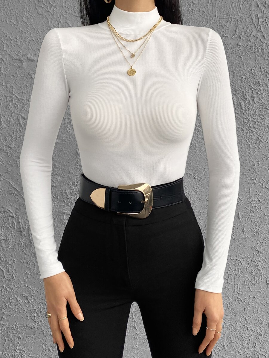 RueChic Solid Mock Neck Tee For Spring & Autumn - White - View 1