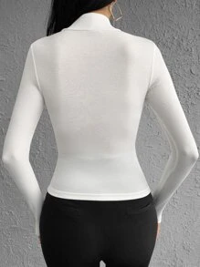 RueChic Solid Mock Neck Tee For Spring & Autumn - White - View 2