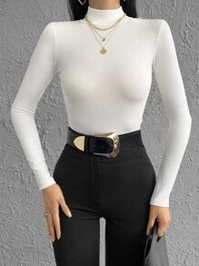 RueChic Solid Mock Neck Tee For Spring & Autumn - White - View 3