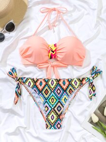 SHEIN Swim Summer Beach Geo Print Halter Push Up Bikini Set - Multicolor - View 4