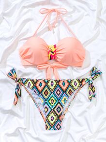 SHEIN Swim Summer Beach Geo Print Halter Push Up Bikini Set - Multicolor - View 5