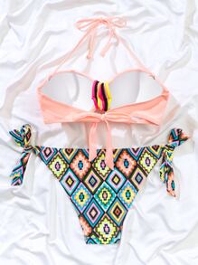 SHEIN Swim Summer Beach Geo Print Halter Push Up Bikini Set - Multicolor - View 6