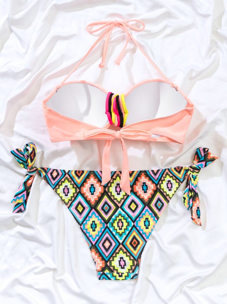 SHEIN Swim Conjunto de bikini de verano con estampado geométrico, sujetador halter y push up - Multicolor - Ver 6