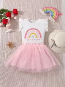 Toddler Girls Slogan & Rainbow Print Ruffle Trim Tee & Mesh Skirt - Multicolor - View 1